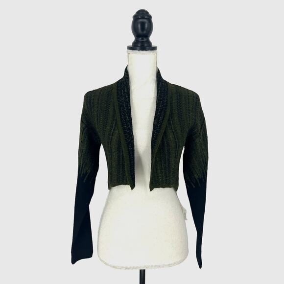 Sarah Pacini Alpaca Blend Green and Black Striped Cropped Cardigan Sweater - Picture 2 of 11